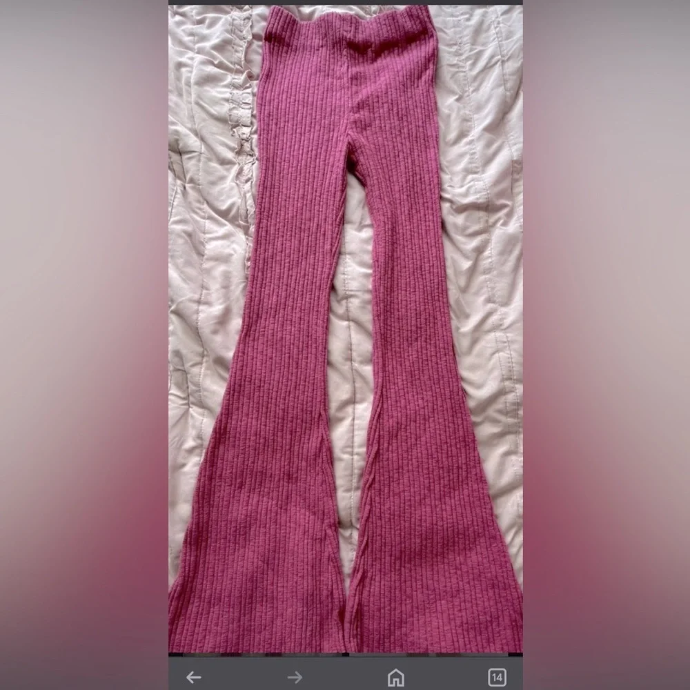 Ribbed Super Flare Bell Bottom Pants Barbie Pink stretch 70s Retro Boho 90s Y2K - Picture 1 of 5